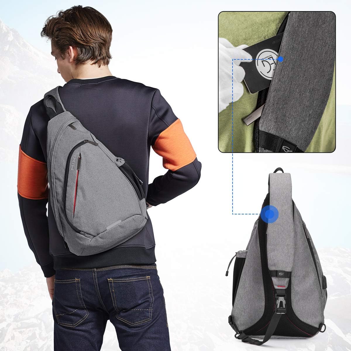 Hanke Sling Bag Men Backpack Unisex One Shoulder Bag Hiking Travel Backpack Crossbody with USB Port Versatile Casual Daypack - Image 6